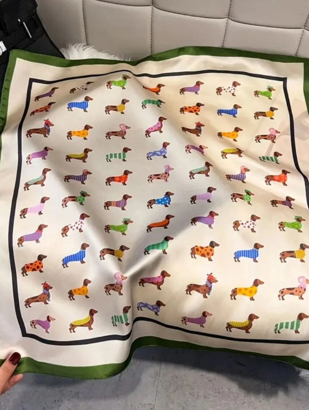 Silk-Feel Dog Print Scarf with Green Border